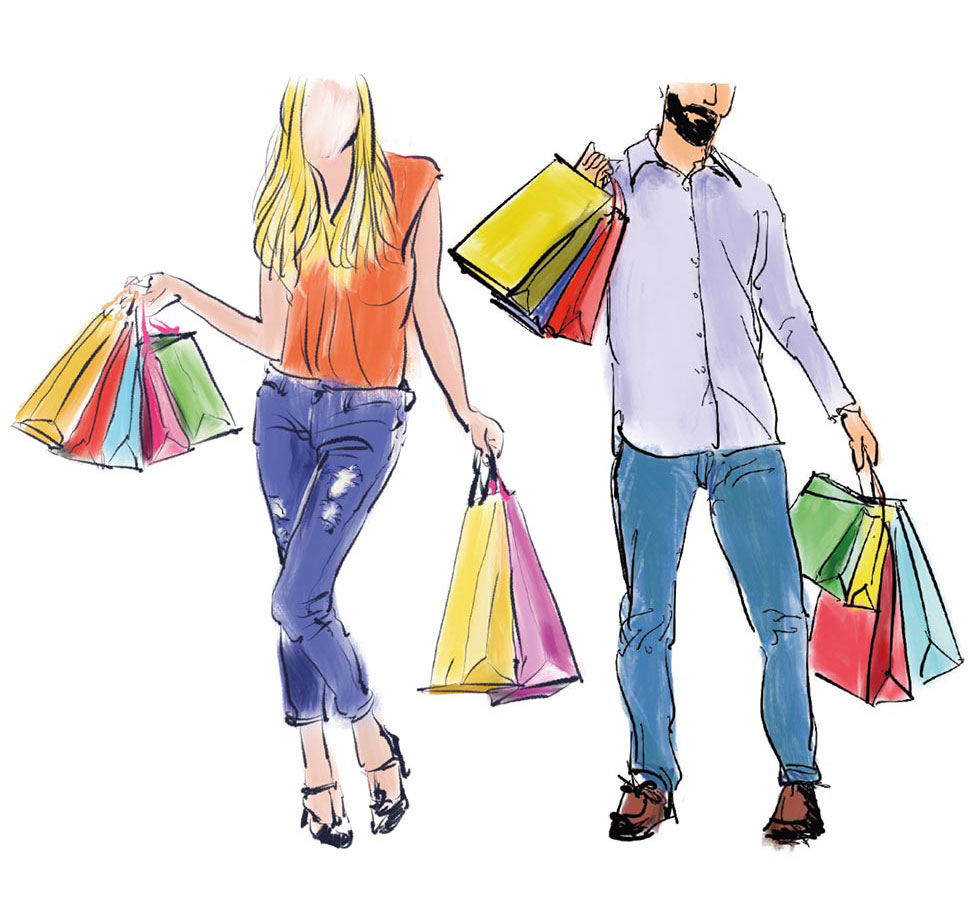 Auf der Grafik sehen Sie eine Frau und einen  Mann in farbigen Kleider. Sie tragen mehrere bunte Tragetaschen.